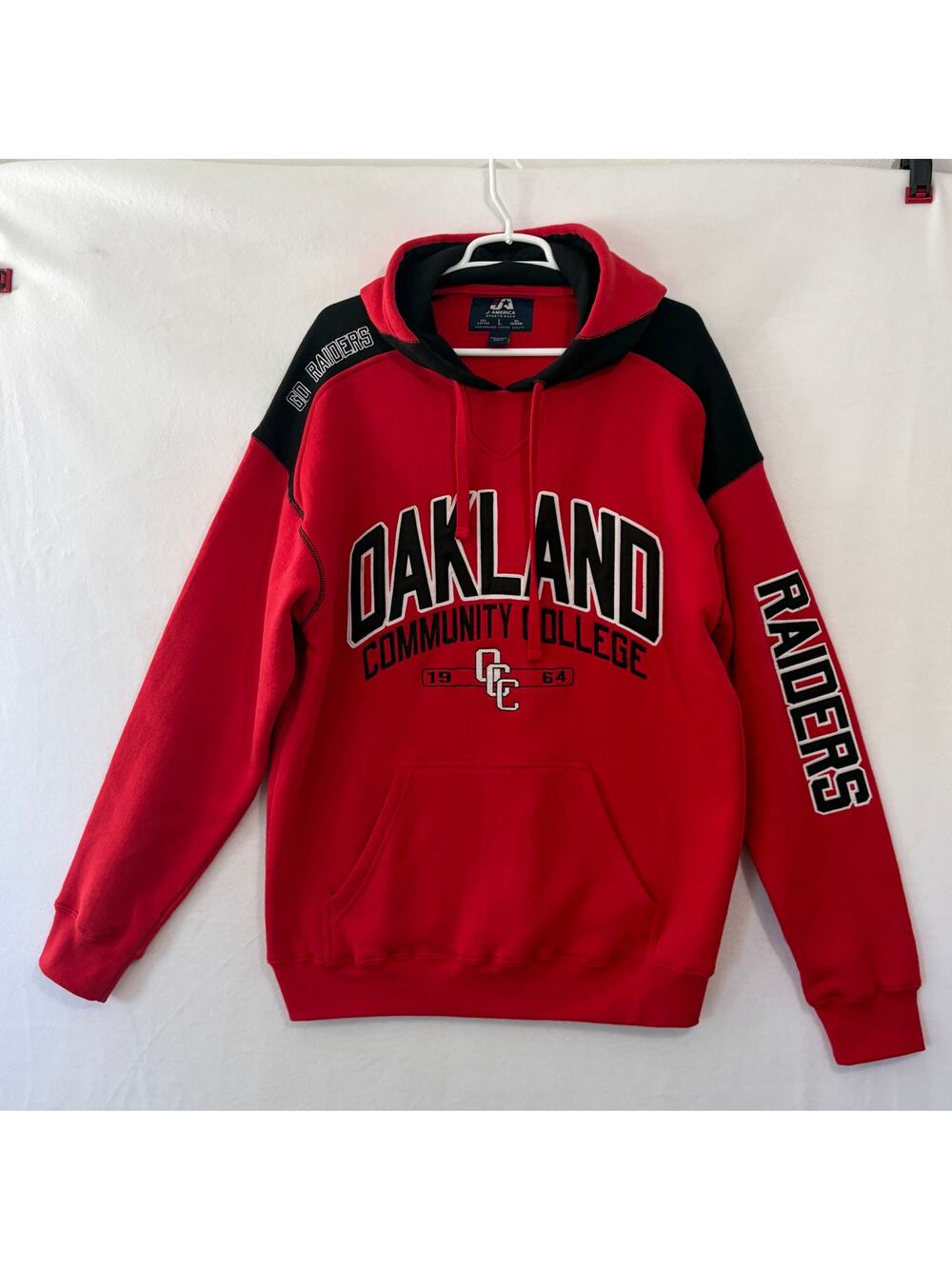 Oakland Raiders Community Collage Hoodie Mens Large Red Black Stitched Logos